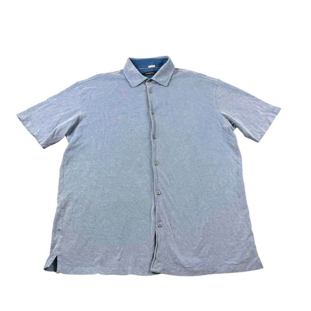 Ermenegildo Zegna Blue Cotton Knit Short Sleeve Button Front Shirt XL